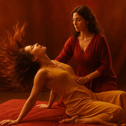 ChatGPT 2Frauen Massagebank Empfängerin in Ekstase rot gold